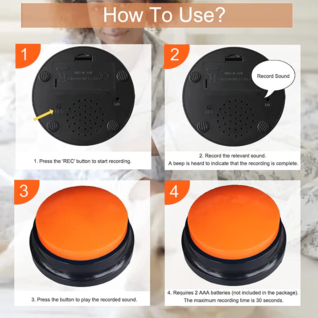 Qpets Interactive Dog Toys, Voice Recording Button, Dog Buttons for Communication Pet Training Buzzer, 30 Second Record & Playback, Funny Gift for Study Office Home (Orange) Qpets Interactive Dog Toys, Voice Recording Button, Dog Buttons for Communication Pet Training Buzzer, 30 Second Record & Playback, Funny Gift for Study Office Home (Orange)